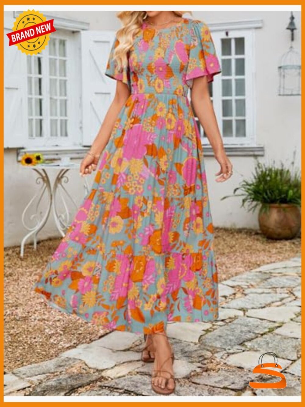 Boho Floral Maxi Dress - Short Flutter Sleeve Smocked Tiered Flowy - Picture 2 of 7